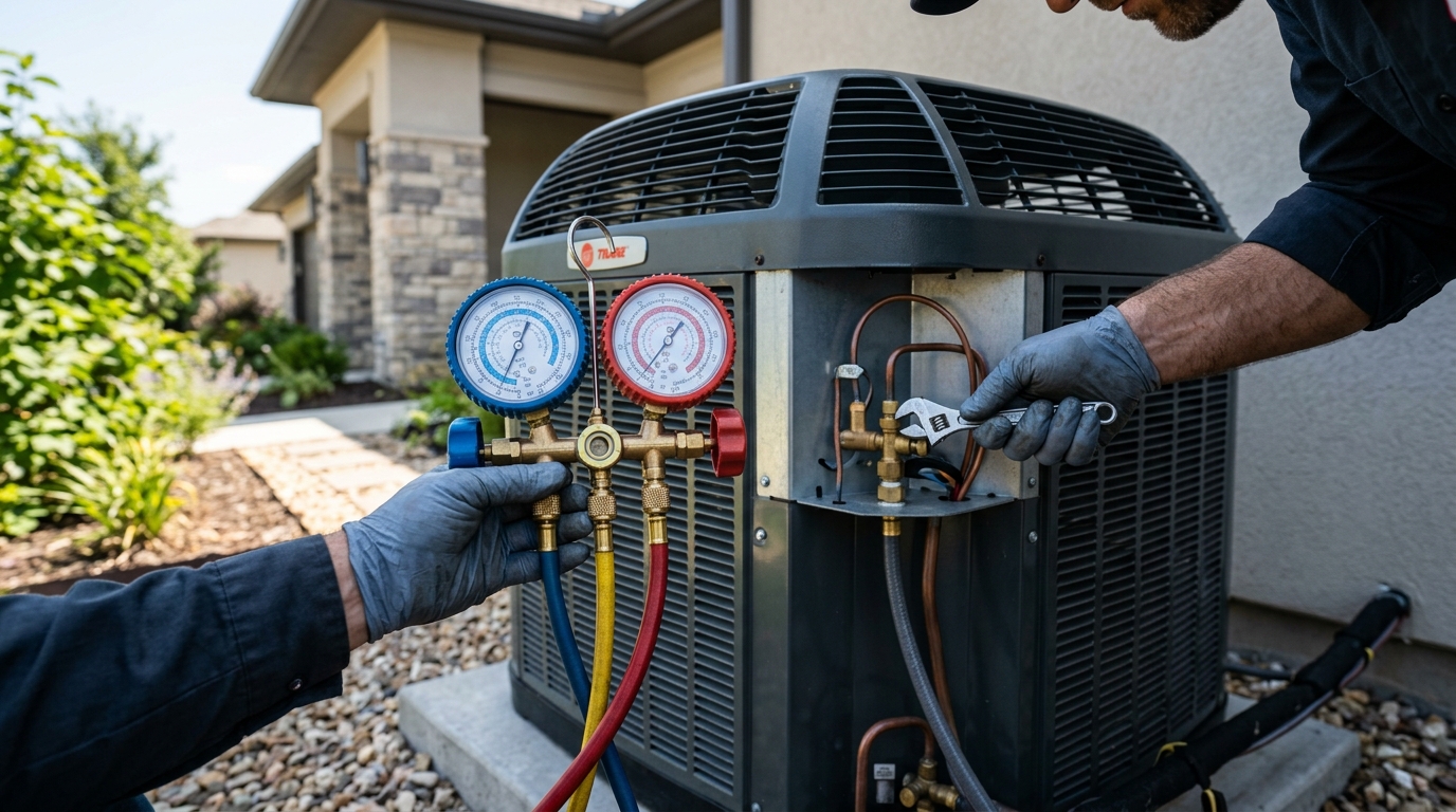 Certified K2 HVAC technician performing precision diagnostic service on outdoor condenser in Holbrook, NY