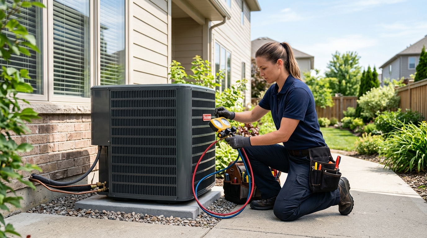 Certified K2 HVAC technician performing precision diagnostic service on outdoor condenser in Babylon, NY